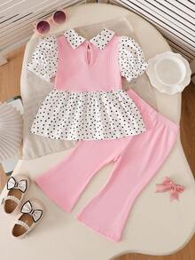 SHEIN Playful Pals Baby Girls' Spring/Summer Holiday 2-Piece Set, Polka Dot Pattern, Cute Style. Collared Puff Short Sleeve Ruffle Hem Top, Flared Long Pants, Pink - Baby Pink - View 2