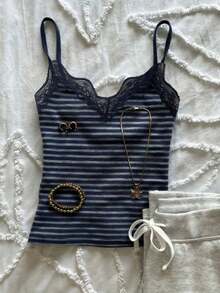 IslaSuriya Women Striped Lace Patchwork Camisole Top - Multicolor - View 1