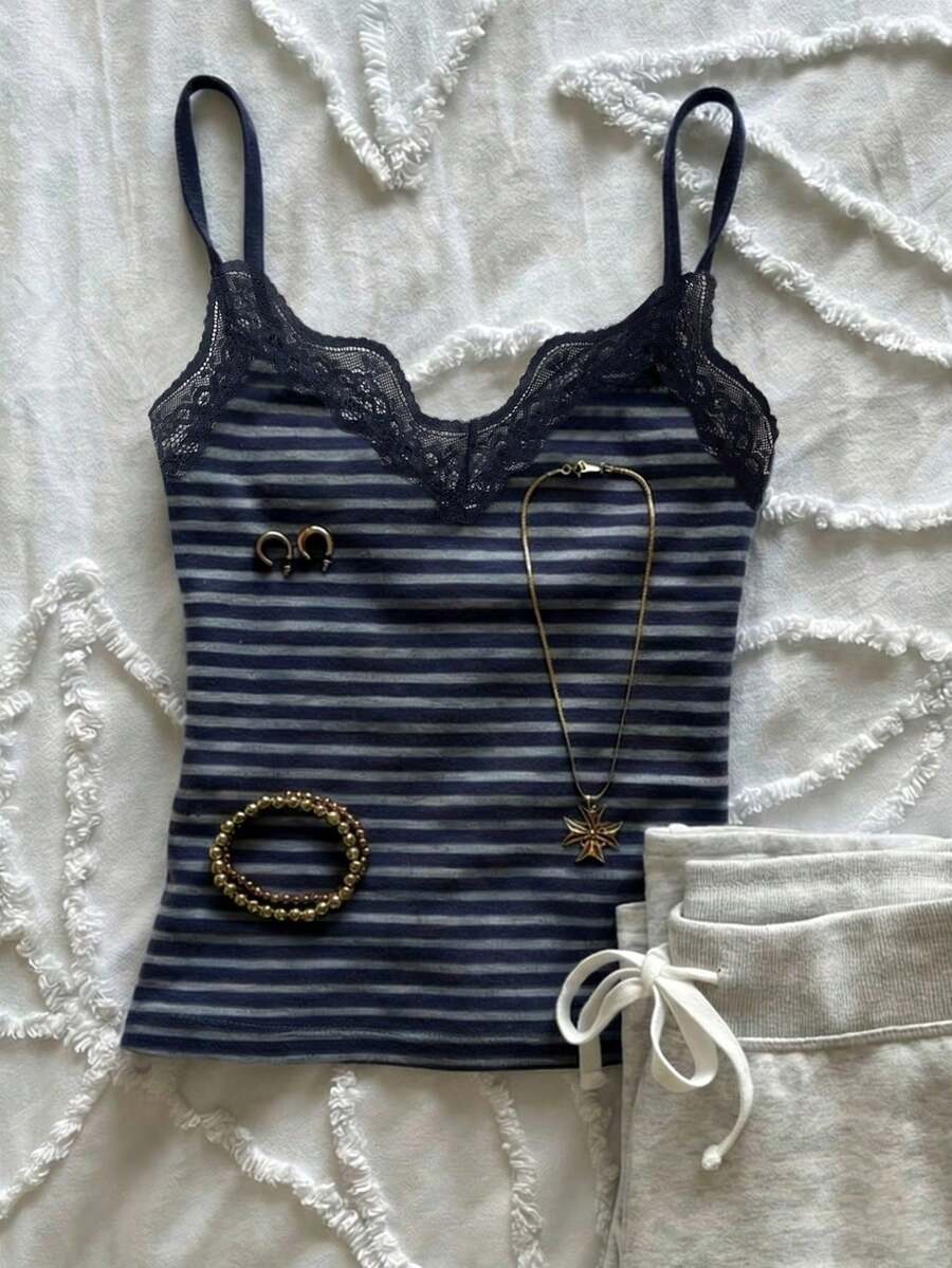 IslaSuriya Women Striped Lace Patchwork Camisole Top - Multicolor - View 1
