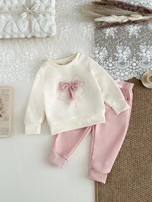 SHEIN 2pcs/Sets Fall Outfits For Girl Casual Style Suit,Long Sleeves Top&Long Pants - Pink - View 2