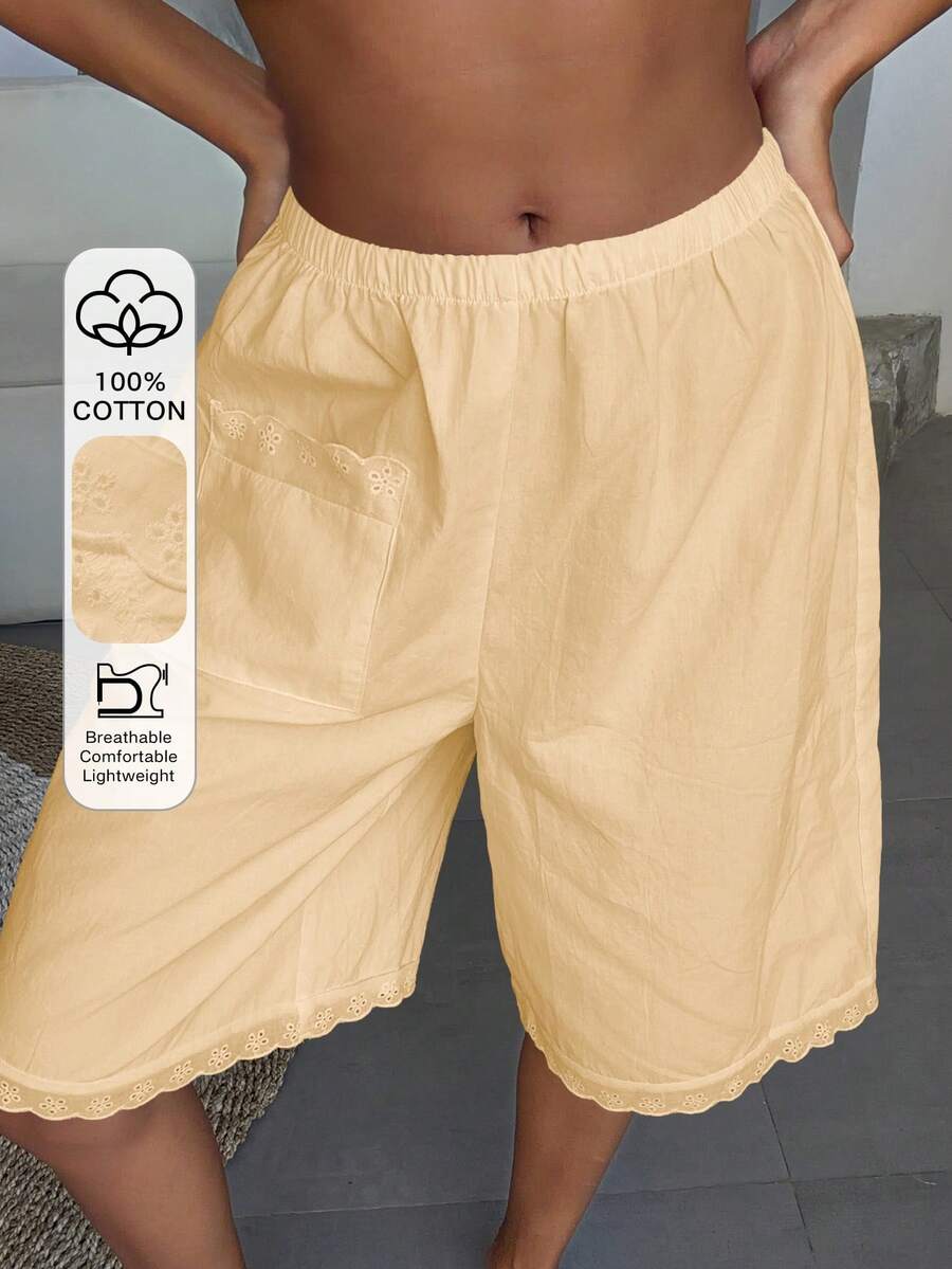 Livesso Women's Lace Patchwork Solid Color Short 5-Inch Pajama Pants - Yellow - View 1