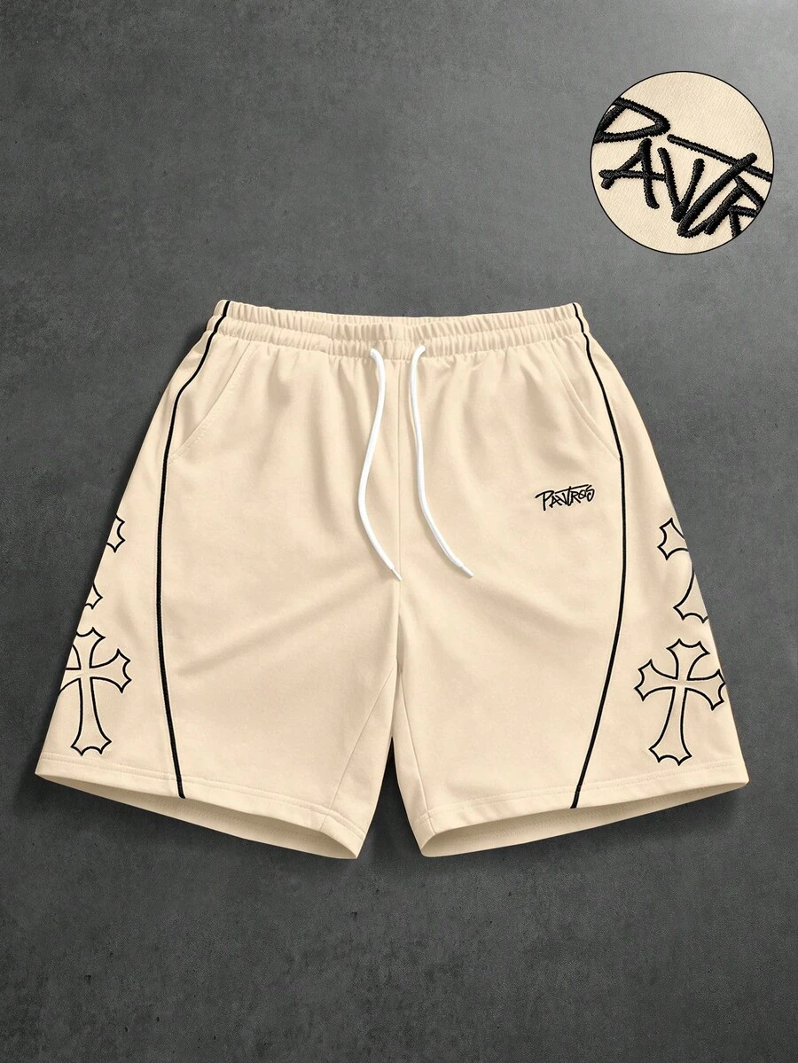 PAVTROS Men's Striped Cross Pattern Print Pocket Drawstring Waist Casual Shorts - Apricot - View 1