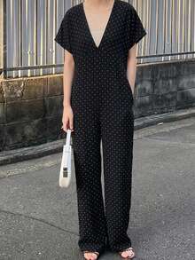 FRIFUL 女款黑色連身長褲V領綁帶夏季服飾 - 黑色 - 查看 4
