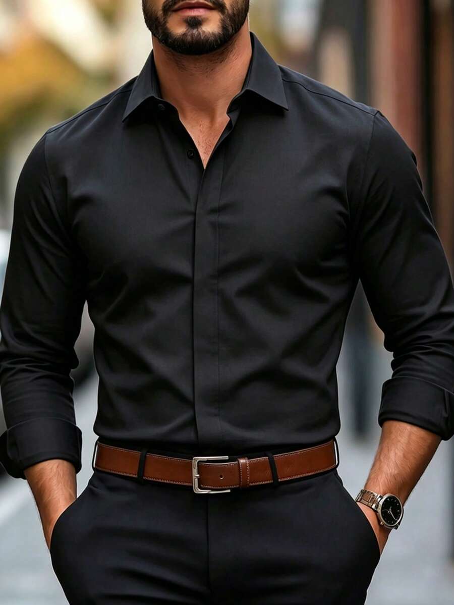 Manfinity Bizformal 男士純色隱扣休閒商務長袖襯衫,儀式穿著 - 黑色 - 查看 1
