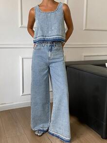 DAZY Women's Large Scoop Neck Rhinestone Tank Top And Loose Long Pants Vacation Style Denim Set Summer - Light Wash - View 3
