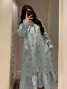 DAZY 甜美小熊圖案滿版印花荷葉邊綁帶領 A 字版中長女款睡裙睡衣 - 綠色 - 查看 8