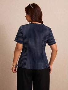 Elaquor Plus Size Women's Business Navy Blue Metal Button Short Sleeve Round Neck Blouse Casual Office Teacher Formal Work Elegant Daily Summer Teachers' Day - Navy Blue - View 3
