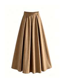 SHEIN A-Line Fold Pleated Solid Color High Waist Skirt - Coffee Brown - View 3