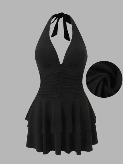 SHEIN Sweetro 2026 New Plus Size Black Ribbed V-Neck Halter Tie Shoulder Strap Cinched Waist Ruched Layered Double-Layer Cake Skirt Flattering Slimming Elegant Beach Vacation Women's Swim Dress