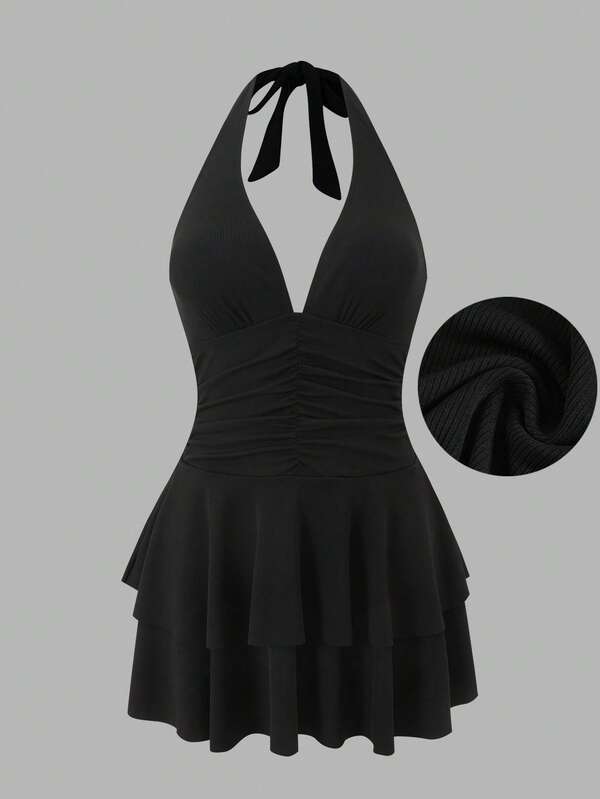 SHEIN Sweetro 2026 New Plus Size Black Ribbed V-Neck Halter Tie Shoulder Strap Cinched Waist Ruched Layered Double-Layer Cake Skirt Flattering Slimming Elegant Beach Vacation Women's Swim Dress