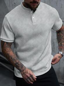 Manfinity Homme 男士立領 Polo 衫 針織提花面料 休閒外出時尚百搭款 - 灰色 - 查看 4