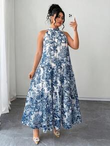 Elenzga 大尺碼花卉夏季長洋裝，掛脖分層飄逸海灘婚禮賓客婚前派對洋裝，大尺碼波希米亞花卉掛脖長洋裝，女款無袖分層飄逸夏季海灘度假長洋裝，大尺碼花卉掛脖長洋裝，無袖分層飄逸波希米亞長洋裝，大尺碼女款夏季度假穿搭 - 淺藍色 - 查看 5