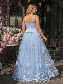 Glamrae Große Größen hellblaues Abendkleid mit Herzausschnitt, Satin-Patchwork und 3D Blumen, romantischer Ballkleid-Stil - Babyblau - Übersicht 8