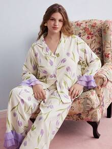 Elorette Plus Size Floral Print Collared Ruffle Trim Long Sleeve Top And Pants Pajama Set, Cozy And Elegant Details, Fall Winter Clothes - Purple - View 2