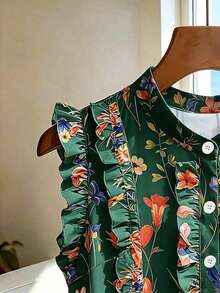 SHEIN Franclia 女款花卉印花百褶休閒百搭日常出遊襯衫 - 墨綠色 - 查看 4