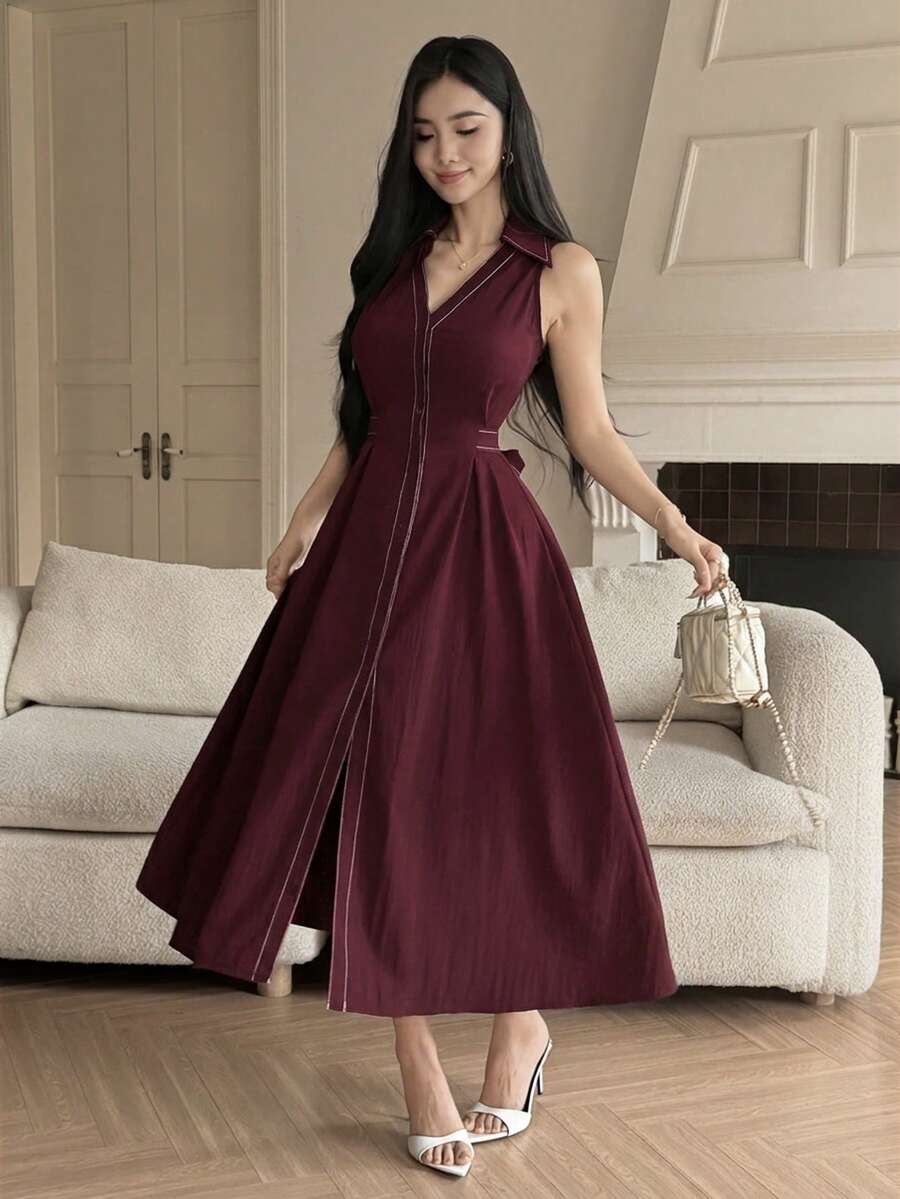 Feyla 通勤優雅襯衫領女裝洋裝 - 酒紅色 - 查看 1