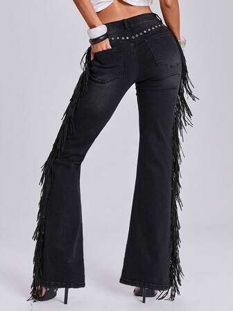 Frühling/Sommer Urlaub Y2K Hot Girl Musikfestival Outfit Seitliche Quasten Dekoration Vintage gewaschene Damen Ultra Tief Taille Schlaghose Jeans