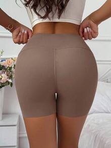 SHEIN 1件女款素色寬腰低腰內褲 - 棕色 - 查看 2