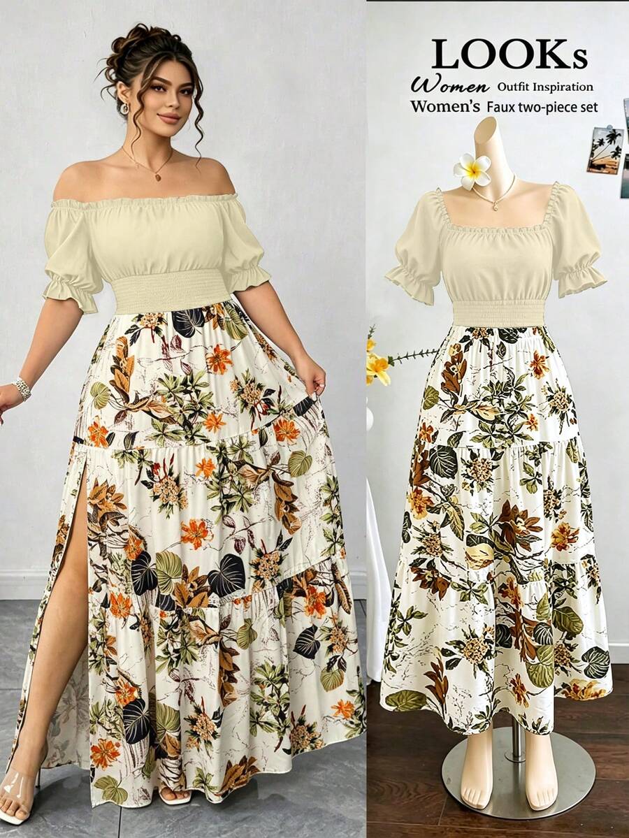 SHEIN Elenzya Plus Size Women Spring/Summer Beige Solid Color Patchwork Floral Print 2 In 1 Dress, Ruched Waist, Puff Sleeves, Wedding Guest Evening - Apricot - View 1