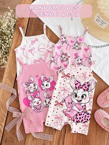 SHEIN LMoss Kids 随机发送1套，可爱多巴胺粉色卡通爱心蝴蝶结兔子印花女婴休闲背带连体短裤，适合春夏、派对、度假、婚礼季、户外野餐、郊游、街头摄影、休闲放松等场合，可作礼物 - 彩色 - 查看 3