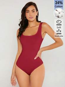 SHEIN BASICS 女款純色休閒性感百搭連身衣 日常旅行外出 白天居家服 酒紅色 夏季 - 酒紅色 - 查看 5