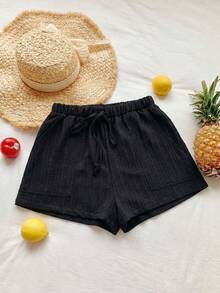 SHEIN EZwear Women's Casual Versatile Black Woven Shorts, Summer - Black - View 4