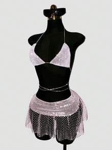 EgrlEra Women's Sexy Ultra Short Mini Skirt, Fishnet With Rhinestone Embellishments, Sparkling, Perfect For Party And Gathering Outfits - White - View 6
