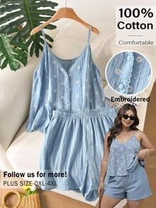 CosyJoli Conjunto de dos piezas casual para uso diario de mujer talla grande con top de tirantes y shorts con estampado floral bordado - Azul - View 2