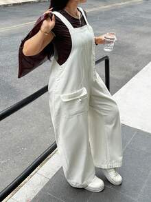 Rivivi Plus Size Women's Cargo Pocket Wide Leg Loose Casual Overalls Denim Jumpsuit - Beige - View 3