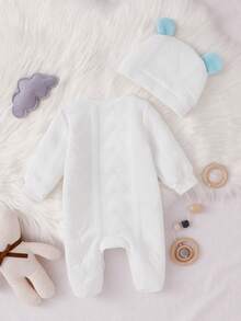 SHEIN 2件組 秋冬新生兒白色極簡中性時尚可愛熊圖案刺繡3D蝴蝶結長袖連身衣帽子套裝 - 白色 - 查看 3