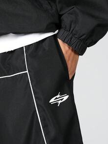 Manfinity Denimwave 男士街頭風純色休閒長褲，抽繩腰鬆身運動長褲 - 黑色 - 查看 7