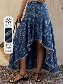 DAZY Asymmetrical Hem Printed Frayed Edge Loose Fit Women's Denim Skirt Vacation Light Blue Floral Summer Street Wear - Blue - View 1