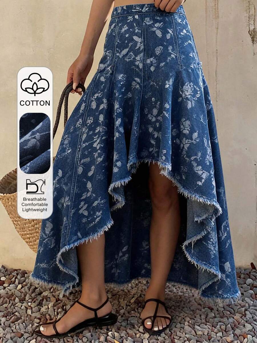 DAZY Asymmetrical Hem Printed Frayed Edge Loose Fit Women's Denim Skirt Vacation Light Blue Floral Summer Street Wear - Blue - View 1