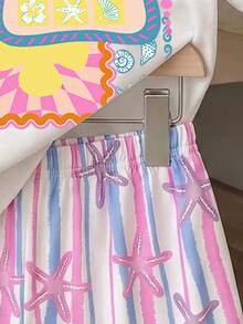 1套甜美女孩青少年女童復古椰子樹貝殼太陽與海星印花圓領T恤短褲套裝，適合春夏日常、戶外活動、春夏服裝，寬鬆舒適，時尚女童套裝，休閒穿搭，夏威夷風 - 彩色 - 查看 4
