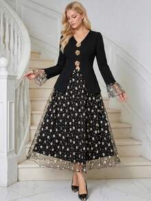 Amorya Women's Metal 3D Floral Decor Long Sleeve Top & Skirt Elegant 2 Pieces Set - Black - View 2