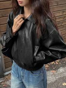 DAZY Spring New Distressed Leather Short Jacket Valentine's Day Outerwear Women's Regular Jacket - Black - View 6