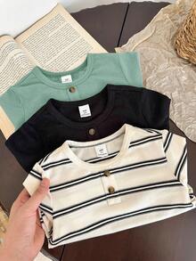 SHEIN LMoss Kids Kids Young Boy Knit Solid Color Striped Crew Neck Casual T-Shirt 3pcs Set - Multicolor - View 5