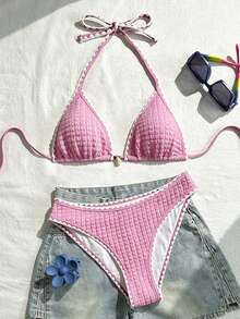 Swim Vcay 女款兩件式泳衣套裝，特殊面料，掛脖繫帶，露背，貝殼設計，夏季度假海灘穿搭 - 彩色 - 查看 4
