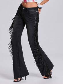 ROMWE Spring/Summer Vacation Y2K Hot Girl Music Festival Side Tassel Decor Vintage Washed Women's Ultra Low Waist Flare Jeans - Black - View 5