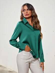 Aveloria Modichic Solid Color Button Down Long Sleeve Shirt Teachers' Day Party Dinner Office Clothes Women Dark Green Autumn Elegant - Green - View 4