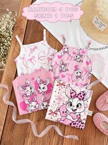 SHEIN LMoss Kids 随机发送1套，可爱多巴胺粉色卡通爱心蝴蝶结兔子印花女婴休闲背带连体短裤，适合春夏、派对、度假、婚礼季、户外野餐、郊游、街头摄影、休闲放松等场合，可作礼物 - 彩色 - 查看 4