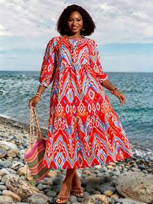EMERY ROSE Women's Plus Size Vacation All-Over Print Round Neck 3/4 Sleeve Casual Boho Bohemian Dress Autumn Outfits Going Out Brunch Red - Multicolor - View 3