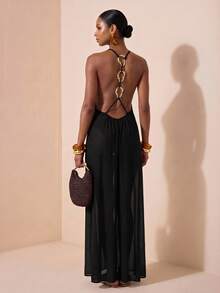 Zivah Nuevo vestido cover-up para mujer de vacaciones, casual, para playa y fiesta en la piscina, de tela de gasa semitransparente con detalle en la espalda y adorno de metal - Negro - Ver 3