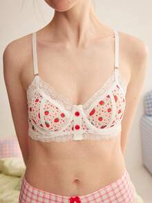 Eraneu 1件女款草莓印花網格鈕扣蕾絲拼接胸罩上衣 - 紅白色 - 查看 5