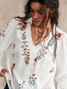 Nubod Plus Size Floral Print Ruffle Trim Fashion Long Sleeve Shirt Fall - White - View 3