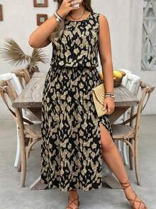 Breezaya Plus Size Loose Sleeveless Leopard Print Swing Dress, Casual Summer Holiday Leopard Print Dress - Multicolor - View 1