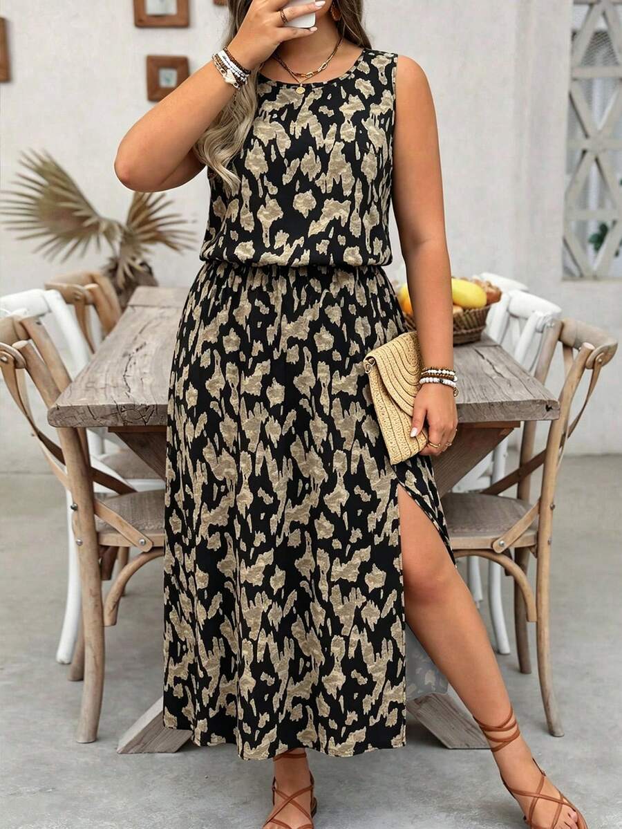 Breezaya Plus Size Loose Sleeveless Leopard Print Swing Dress, Casual Summer Holiday Leopard Print Dress - Multicolor - View 1