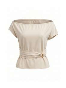 Modelyn Women's Off-Shoulder Asymmetric Metal Decor Top, White Shirt, Summer Outdoor Brunch Lunch Date Birthday Tea Party Date Night Elegant - Apricot - View 6
