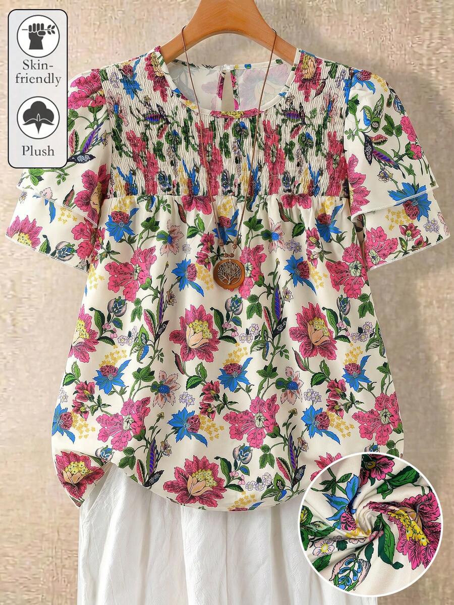 Linhara Plus Size Women's Floral Round Neck Double Layer Sleeve Short Sleeve Casual Boho Shirt Fashion Multi-Functional Pleated Summer Holiday Top Beige - Multicolor - View 1