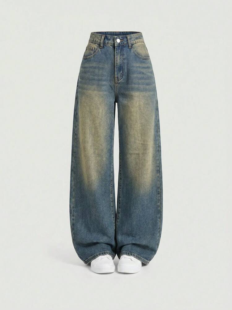 SHEIN ICON Women's Casual Washed Wide Leg Jeans Jeans For Women Pants For Women Denim Dress Capris For Women Women's Pants Bottoms Capri Pants Baggy Jeans - Medium Wash - View 4